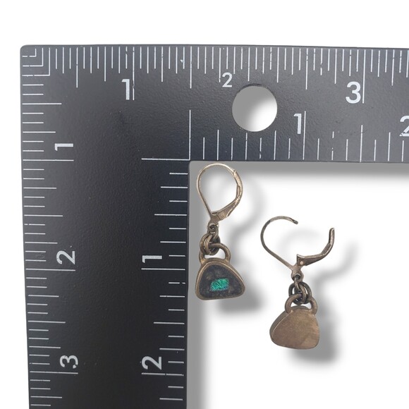 Sterling Silver Earrings Inlaid Green Blue Dichroic Glass Leverback Dangle Drop - Picture 5 of 5